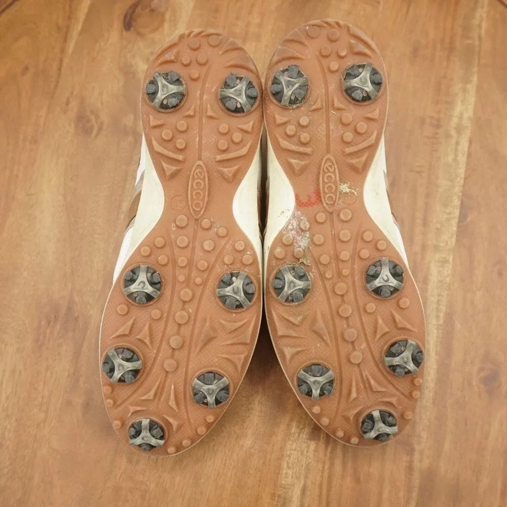 Ecco Womens Golf Shoes White Brown Leather Spiked Waterproof 39 EU / 8 US
